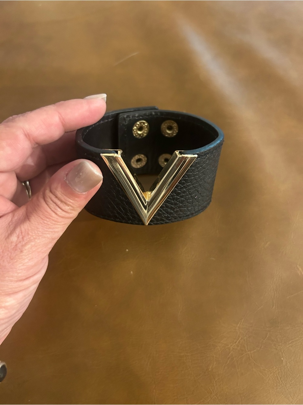 Black Leather Men's Snap Cuff Bracelet with Gold V Accent